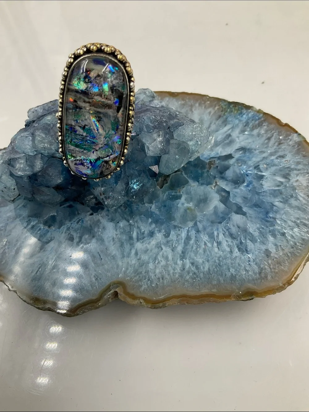 Vintage Sterling Silver Dichromic Art Glass Statement Ring Size 8 Blue-Green